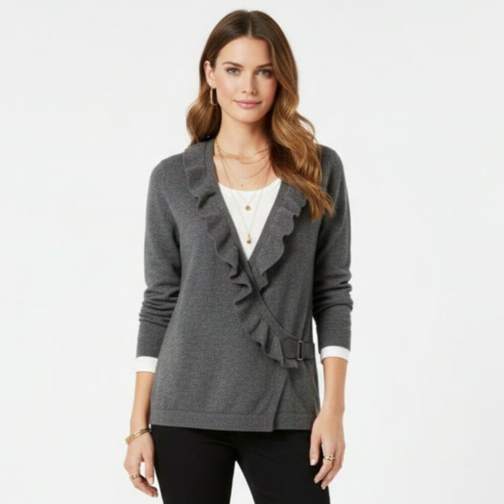Sarah Spencer Woman 100% merino wool ruffle surplice cardigan